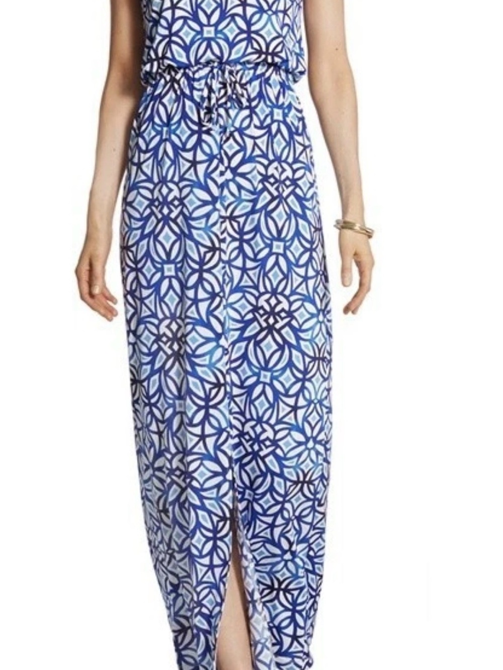 Chico's Sleeveless Batik Print Maxi Dress Blue and White Geometric Pattern M